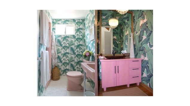 À esquerda: detalhes rosas combinam com papel de parede de plantas.À direita: papel de parede de bananeiras se alinha com armário rosa.