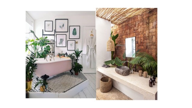 À esquerda: desenhos de plantas pendurados na parede é uma ótima forma de decorar o banheiro.À direita: pia de pedra e detalhes em materiais naturais traz o exterior para dentro do cômodo.