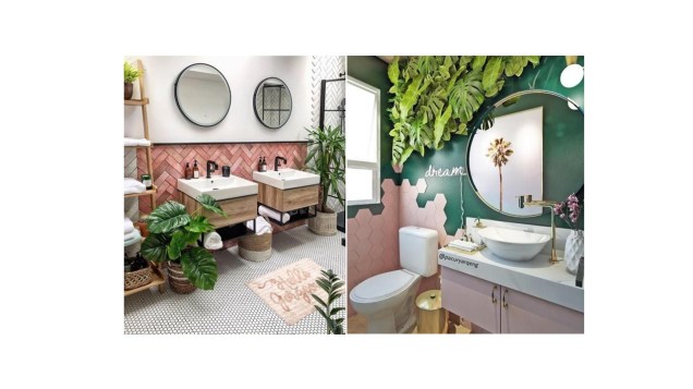 À esquerda: decoração em madeira combina com vasos de plantas.À direita: banheiro instagramável com letreiro neon e folhas de diferentes espécies de plantas.