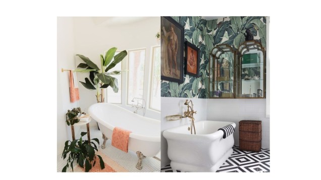 Opte por um visual mais clean - um banheiro todo branco com alguns toques de cor e plantas - ou em algo mais maximalista - como este banheiro com uma parede toda estampada que exibe obras de arte e armários.