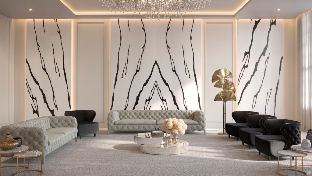 Sala de estar ampla, com branco no décor e parede texturizada em mármore