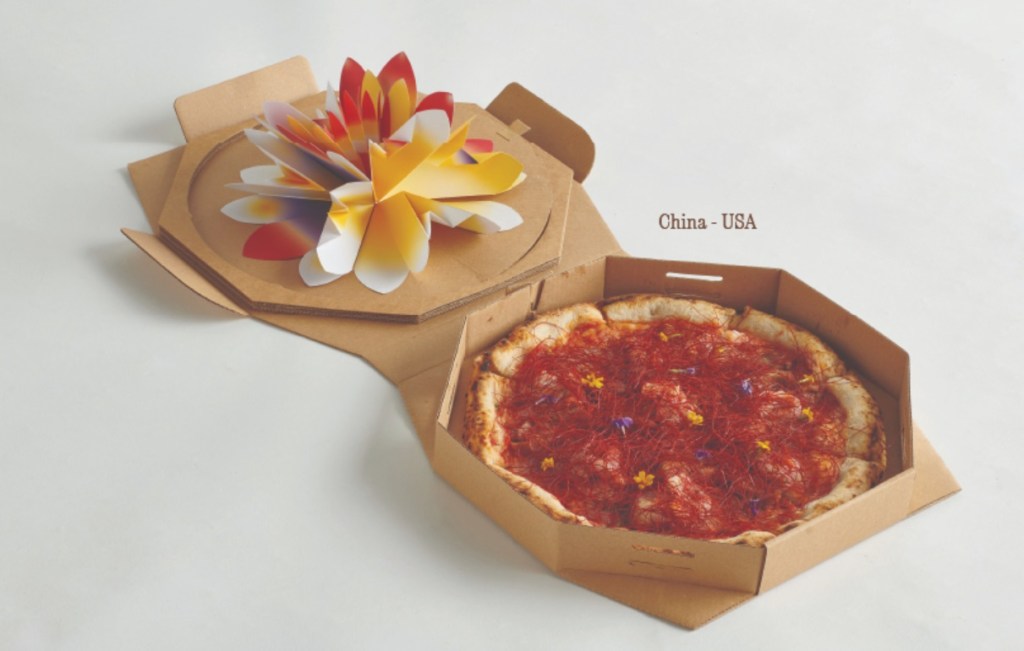 Caixa de pizza com flor pop-up branca, vermelha e amarela