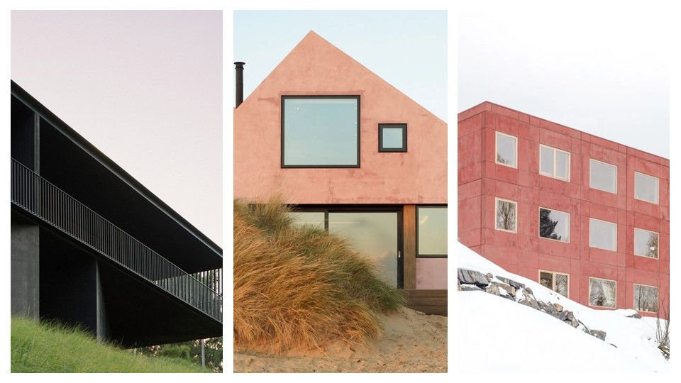 Montagem com três casas com fachada em concreto preto, rosa e avermelhado