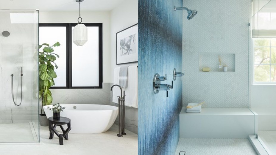 Dois chuveiros são melhores do que um, mas não há nada como um acessório adicional. A simples adição de uma banheira não apenas torna o banho mais agradável, mas também é bonita. / O azulejo pode realmente criar uma aparência de um lindo mural. Instalado para ostentar um efeito ombré e tie-dye, esta parede é única e bonita de se ver. Contrastando-o com um azulejo bastante mínimo na parede oposta, o lado azul é o centro das atenções.