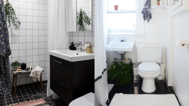 Um banco resistente à água para guardar seus pertences e toalhas é uma ótima ideia para um banheiro pequeno. / Tire a atenção de canos e outras imperfeições com uma planta!