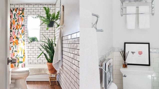 Coloque algumas plantas verdes para energizar naturalmente o ambiente e purificar o ar. / Não possui muito espaço na parede para pendurar arte em seu banheiro minúsculo? Apoie uma obra sobre o vaso sanitário.