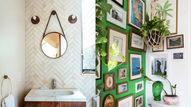 As paredes de mármore estilo Chevron trazem um toque de textura e movimento sem ocupar muito. / Uma parede cheia de retratos dá a um banheiro compacto uma atualização maximalista quando exibido contra uma parede pintada de verde brilhante.
