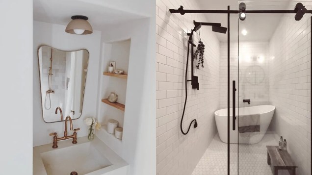 Se o seu banheiro é tão pequeno que você está lutando por espaço para se locomover, considere colocar prateleiras em uma parede recortada. / Já pensou em colocar a banheira diretamente no chuveiro?