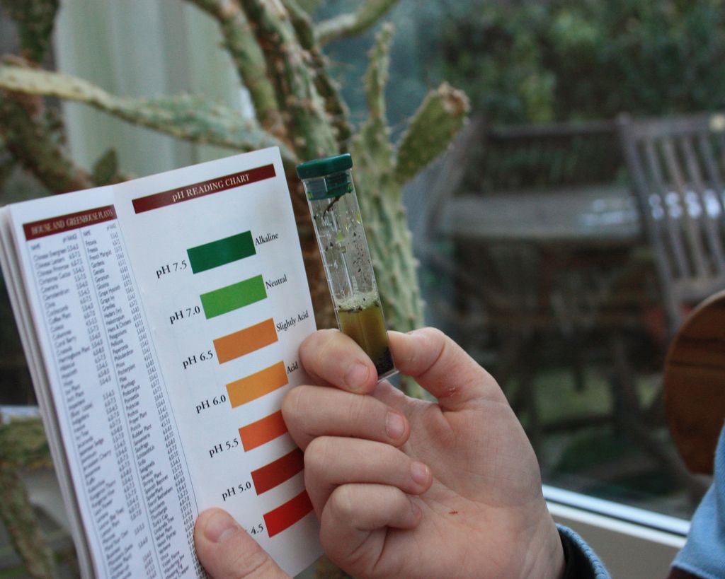Frasco com amostra de terra em solução para medir o pH do solo. Atrás, cartela com tabela de cores para identificar o nível de acidez.