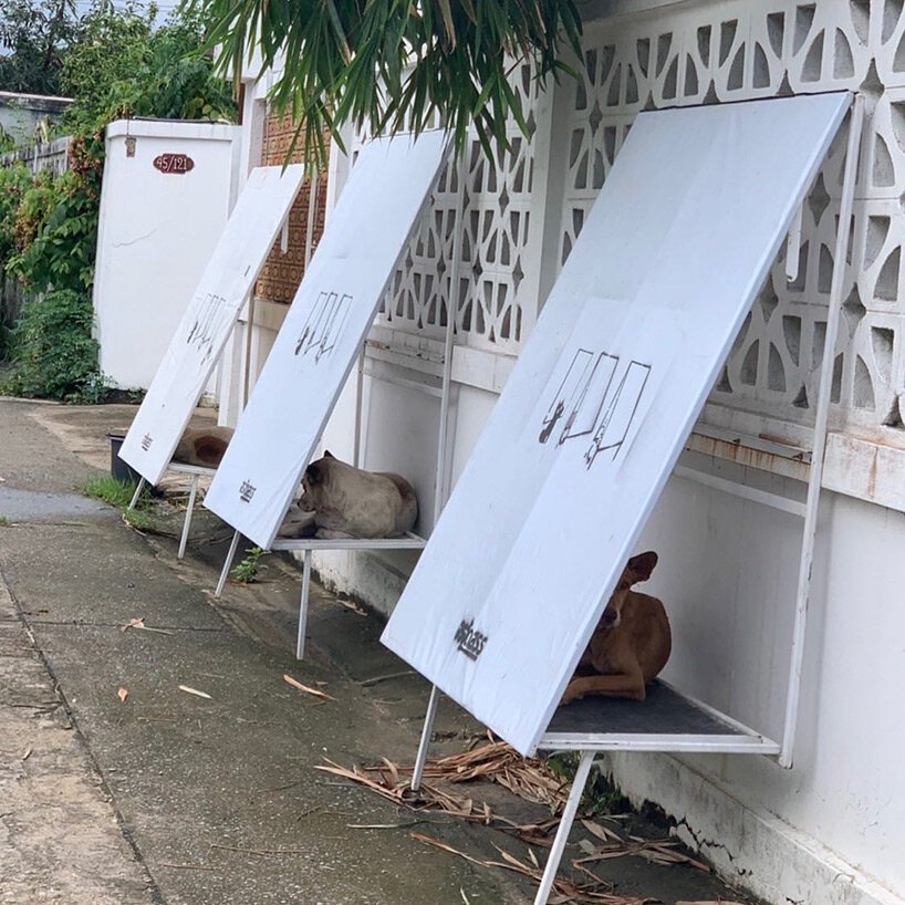 Cães abrigados em uma plataforma acima do nível da calçada, coberta por uma tenda fixada em uma mureta.