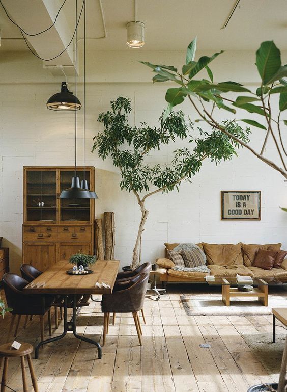 Sala de estar integrada com sala de jantar. O sofá e a mesa são em madeira e o destaque fica para as magras plantas arbóreas que dividem os ambientes.