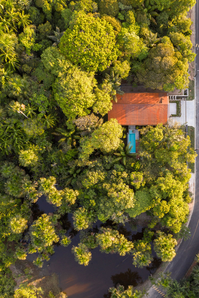 casa-na-floresta-conforto-termico-menos-impactos-ambientais-joana-frança-vista-aerea-casa-na-floresta Foto aérea mostra telhado da casa com piscina totalmente integradas à mata.