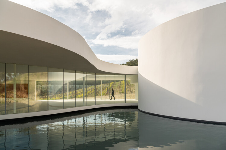 Imagem mostra grande espalho d'água separando dois volumes arquitetônicos de linhas curvas e fachada de vidro.
