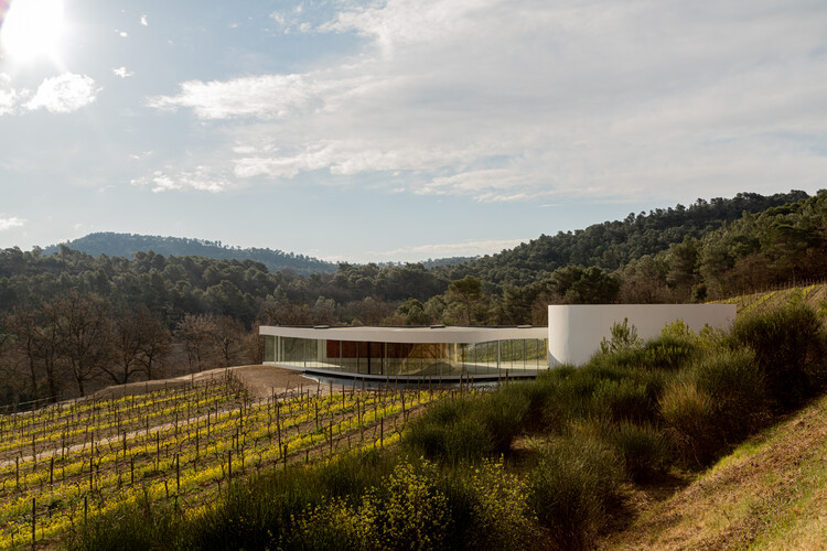Em meio a um vinhedo, um pavilhão de concreto branco ocupa a paisagem com linhas curvas e paredes envidraçadas.