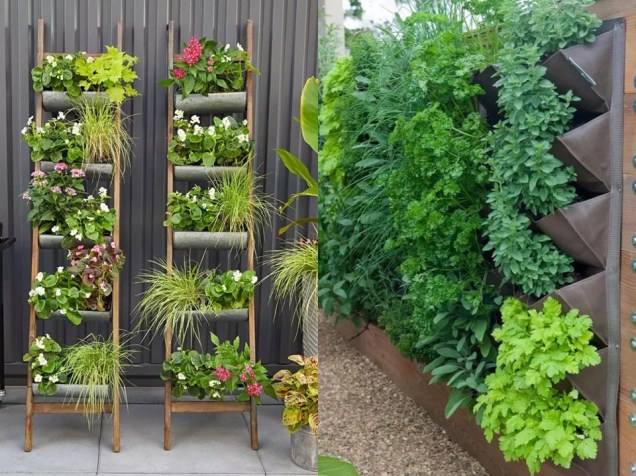 Escadas verticais em camadas com flores e vegetação ou um lindo jardim vertical de metal, tecido e madeira?