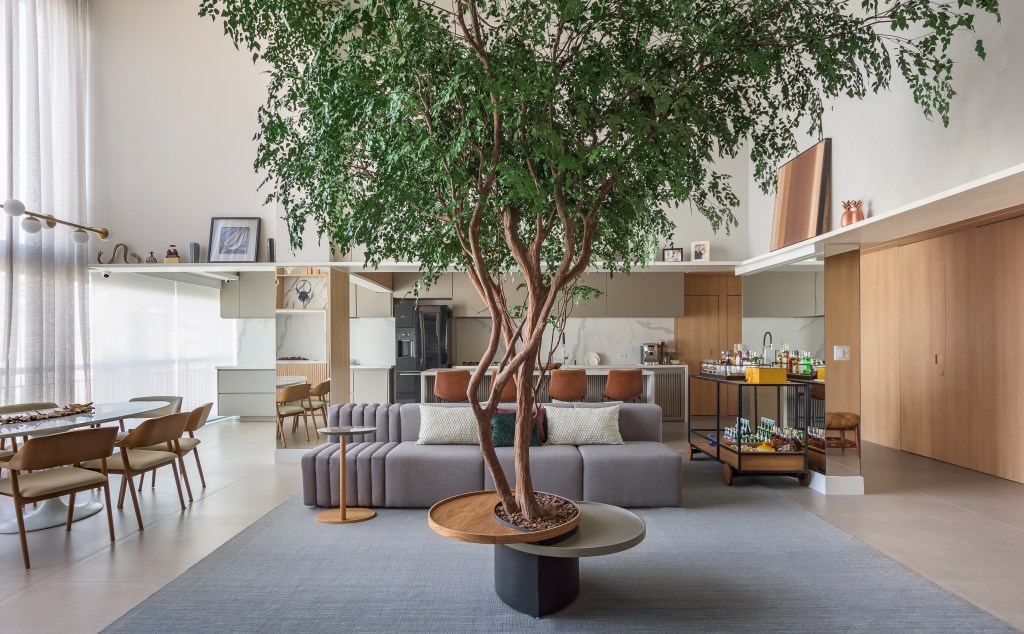 Sala de estar com sofá cinza e árvore no meio do ambiente