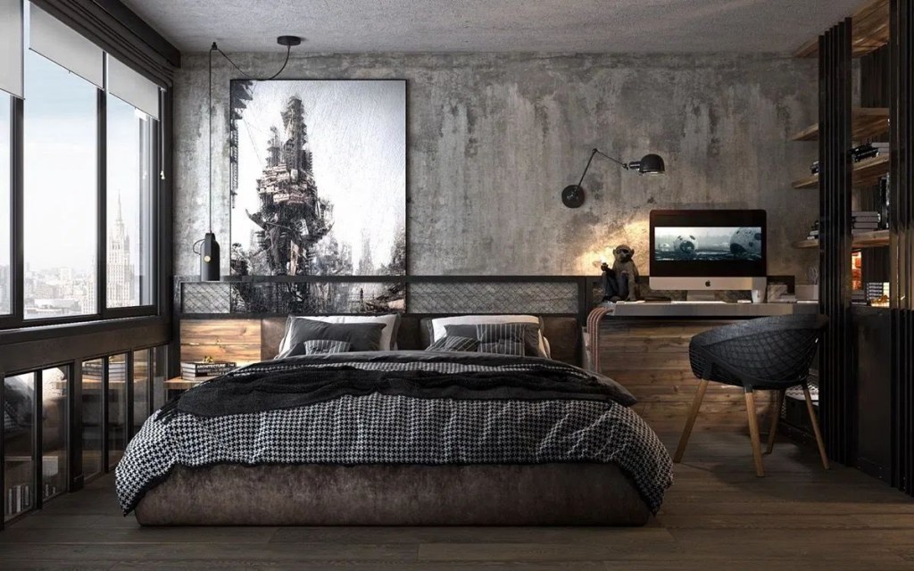 Quarto com parede revestida em cimento queimado; cama de casal; fotografia na parede; estilo industrial