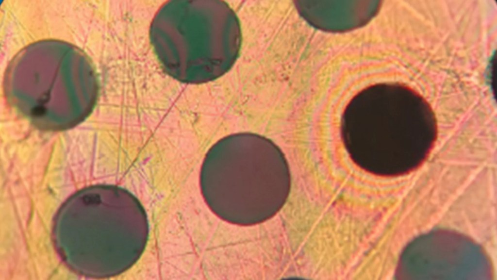 Foto mostra detalhe de material de cor alaranjada com círculos pretos.