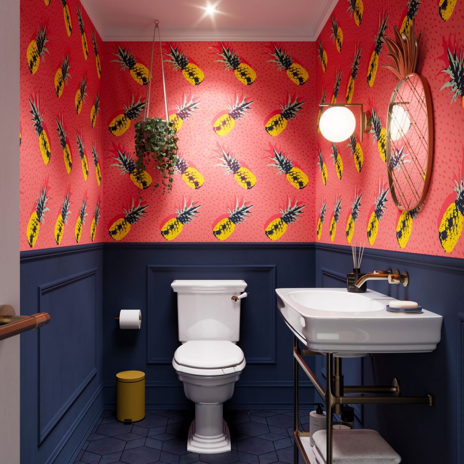 Banheiro com papel de parede de abacaxi