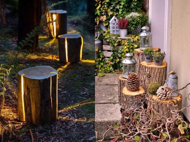 Tronco de árvore com luzes dentro é uma ideia muito legal e criativa para um jardim ou qualquer outro espaço ao ar livre. / Utilize o material para exibir pinhas, lanternas de velas, vasos e outros objetos.