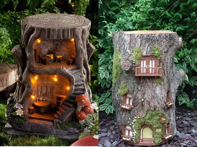 Deixe seus filhos super felizes com uma casinha de bonecas feita a partir de um toco de árvore. / Este projeto caprichoso contém janelas, portas, musgo e flores.