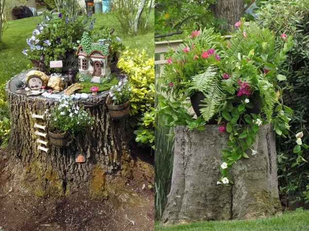 Uma decoração charmosa e fofa de jardim feita de um toco de árvore, uma casinha de elfo, algumas flores e estatuetas minúsculas. / Coloque um grande vaso de flores coloridas em cima de um toco de árvore.
