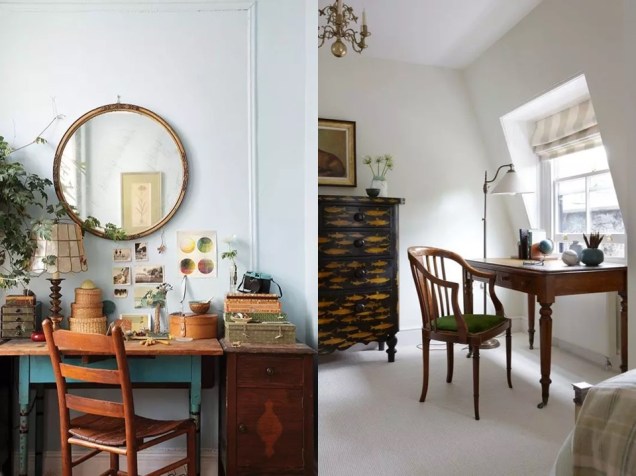 Um escritório com espelho em uma moldura dourada vintage, vegetação e um pouco de arte ou um aparador com estampa de peixe, uma escrivaninha vintage e uma luminária de chão?
