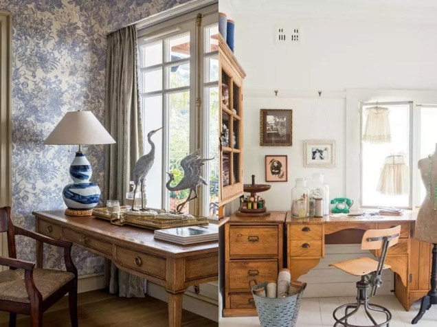 O papel de parede floral azul se alinha muito bem com a estampa do abajur. / Um estúdio de artesanato foi criado com armários vintage, uma mesa grande e pesada e uma cadeira vintage industrial.