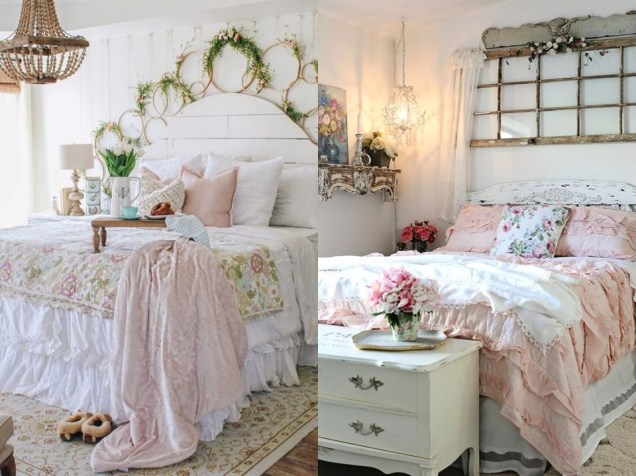 Este quarto é pura elegância! Os arcos com flores na parede da cabeceira oferecem um visual delicado que combina muito bem com a roupa de cama floral e o lustre de contas. / Mais um exemplo de como usar uma moldura de janela antiga.
