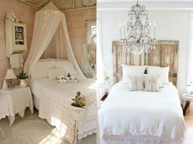 Para um quarto ainda mais romântico, inclua um dossel com luzes de fadas! / Adicione mais calor a um quarto branco com uma tela de madeira como cabeceira.