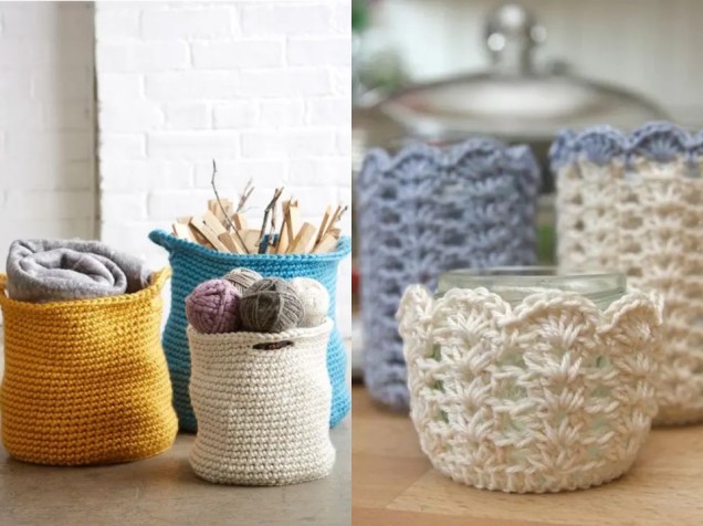 Cestas de crochê são ótimas para guardar lenha, fios e mantas. / Capas para velas são uma maneira fofa de tornar um cenário mais aconchegante e encantador.