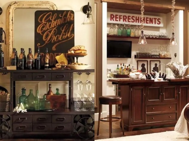 Você realmente pode criar um bar com qualquer estilo! Aqui temos uma carrinho vintage que possui espaço para todas as suas garrafas e taças de vinho e uma unidade de armazenamento que exibe todas as bebidas da casa.