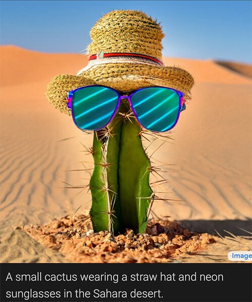 Imagem de um pequeno cacto de chapéu de palha, usando óculos de sol neon no deserto do Sahara. Abaixo consta o texto a partir do qual a imagem foi gerada. A imagem bate certinho com o texto.