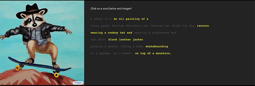 Imagem de um guaxinim de chapéu andando de skate. Ao lado o texto a partir do qual a imagem foi criada, com frases descritivas em destaque.