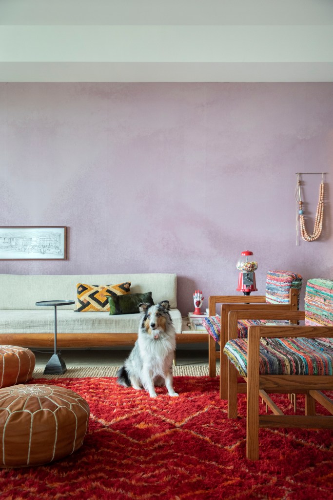 Sala de estar em estilo boho; sofá branco; parede rosa; tapete vermelho; cachorro