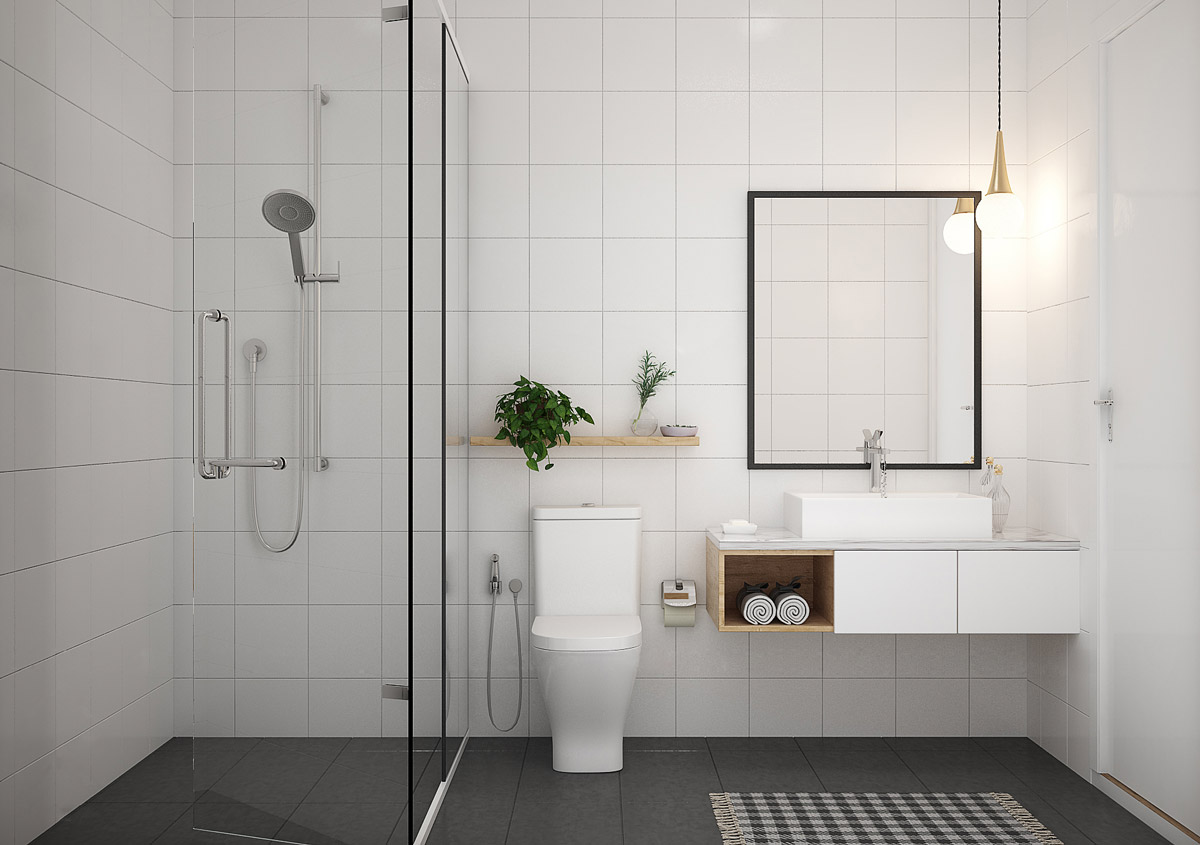 Banheiro branco em estilo minimalista com box de chuveiro, pia e vaso sanitário