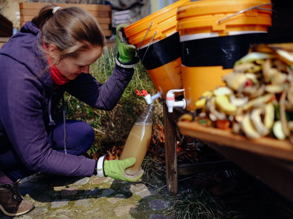 Mulher recolhendo líquido nutritivo resultante do processo de compostagem.