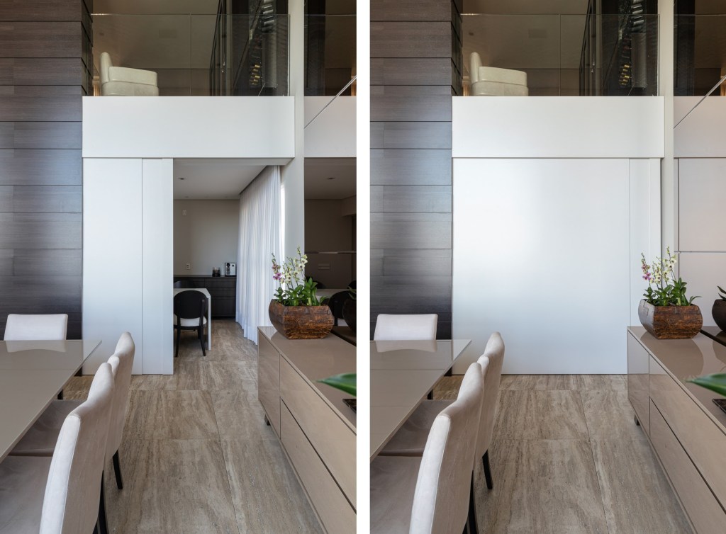 Duas fotos lado a lado mostra painel de madeira em laca na cor branca com porta de embutir da mesma cor.