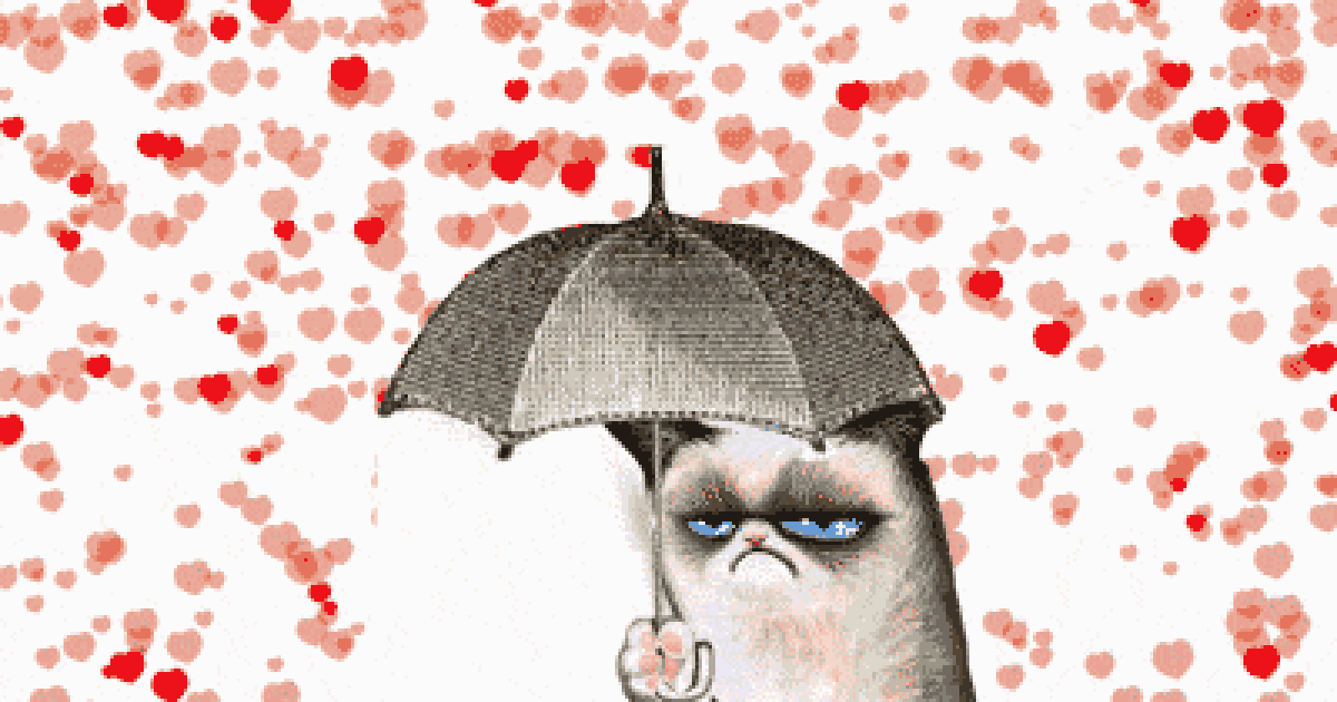 Grumpy cat com guarda chuva em chuva de corações