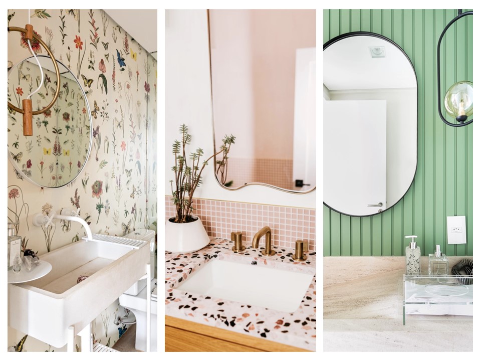 Três lavabos; um com papel de parede; um com bancada de caquinhos; o terceiro com parede revestida de madeira verde