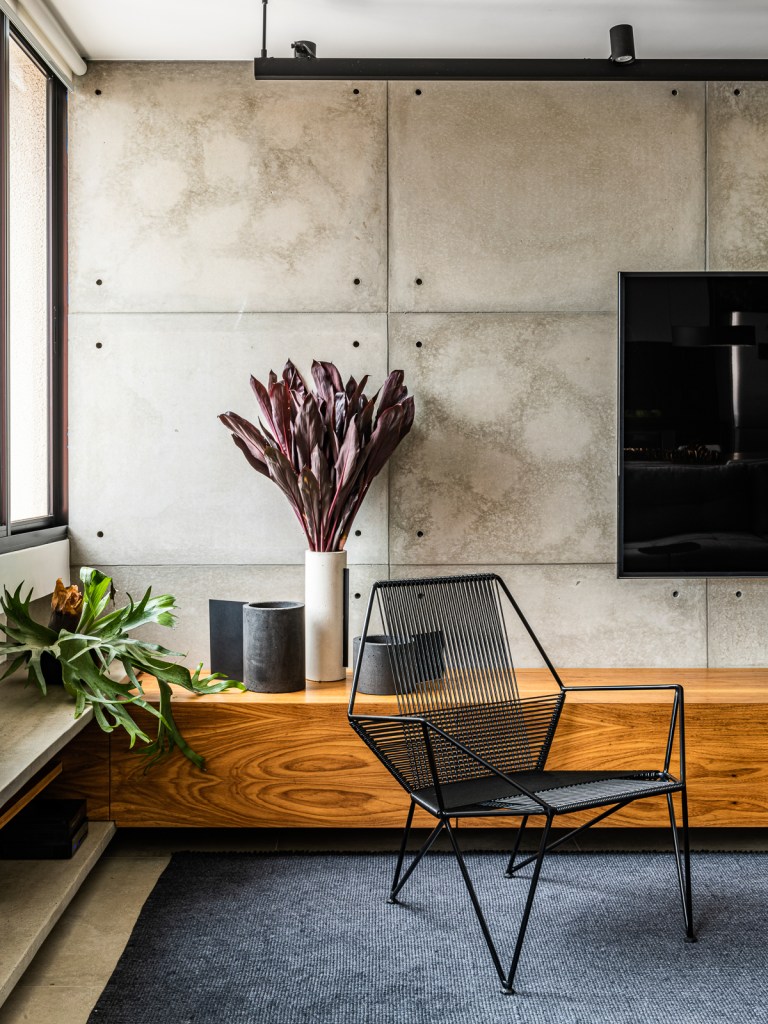 Sala com poltrona; rack em madeira; vasos com plantas; tv