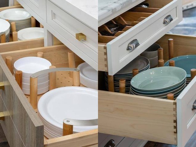 Mantenha pratos e tigelas organizados em uma gaveta com divisores. Se você está projetando uma nova cozinha, você pode encaixá-los diretamente em suas gavetas.