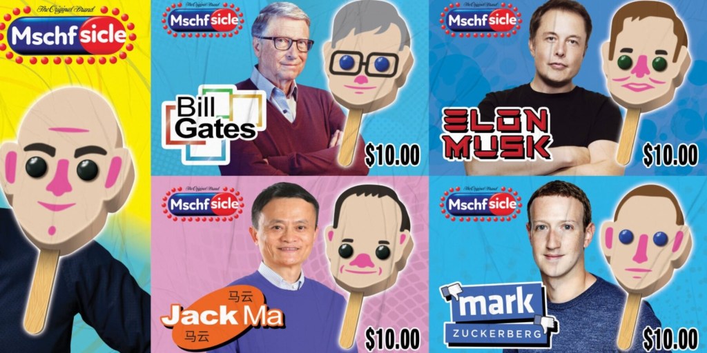 Imagem de anúncio de picolés com ilustrações e alusão a bilionários como Bill Gates e Elon Musk.