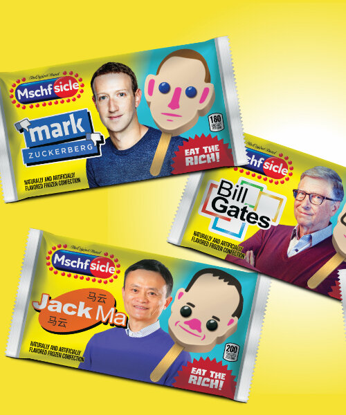 Imagem de anúncio de picolés com ilustrações e alusão a bilionários como Bill Gates e Mark Zuckerberg.