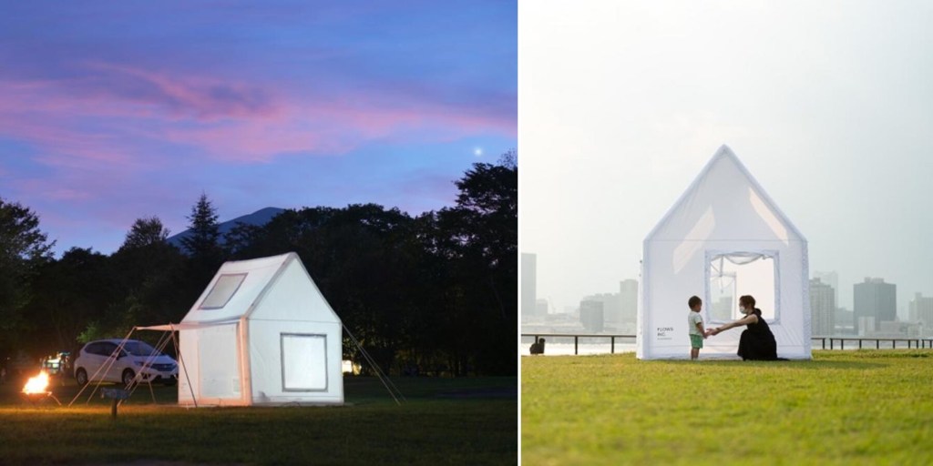 Justaposição de fotos de uma casa inflável branca ao ar-livre.