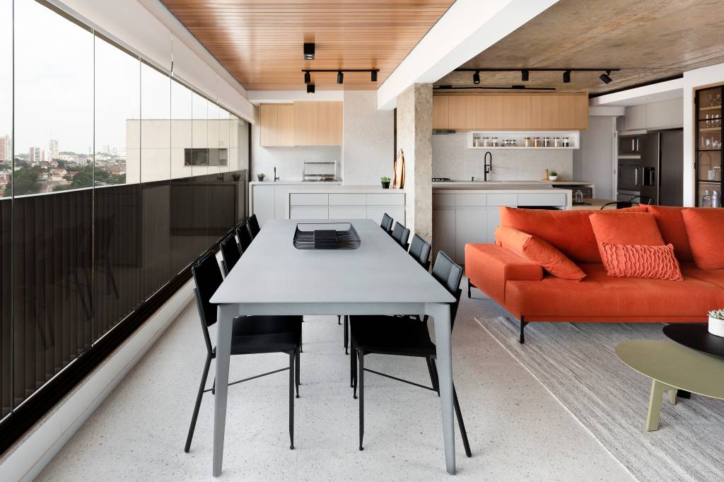 Sala de estar, jantar e cozinha integradas
