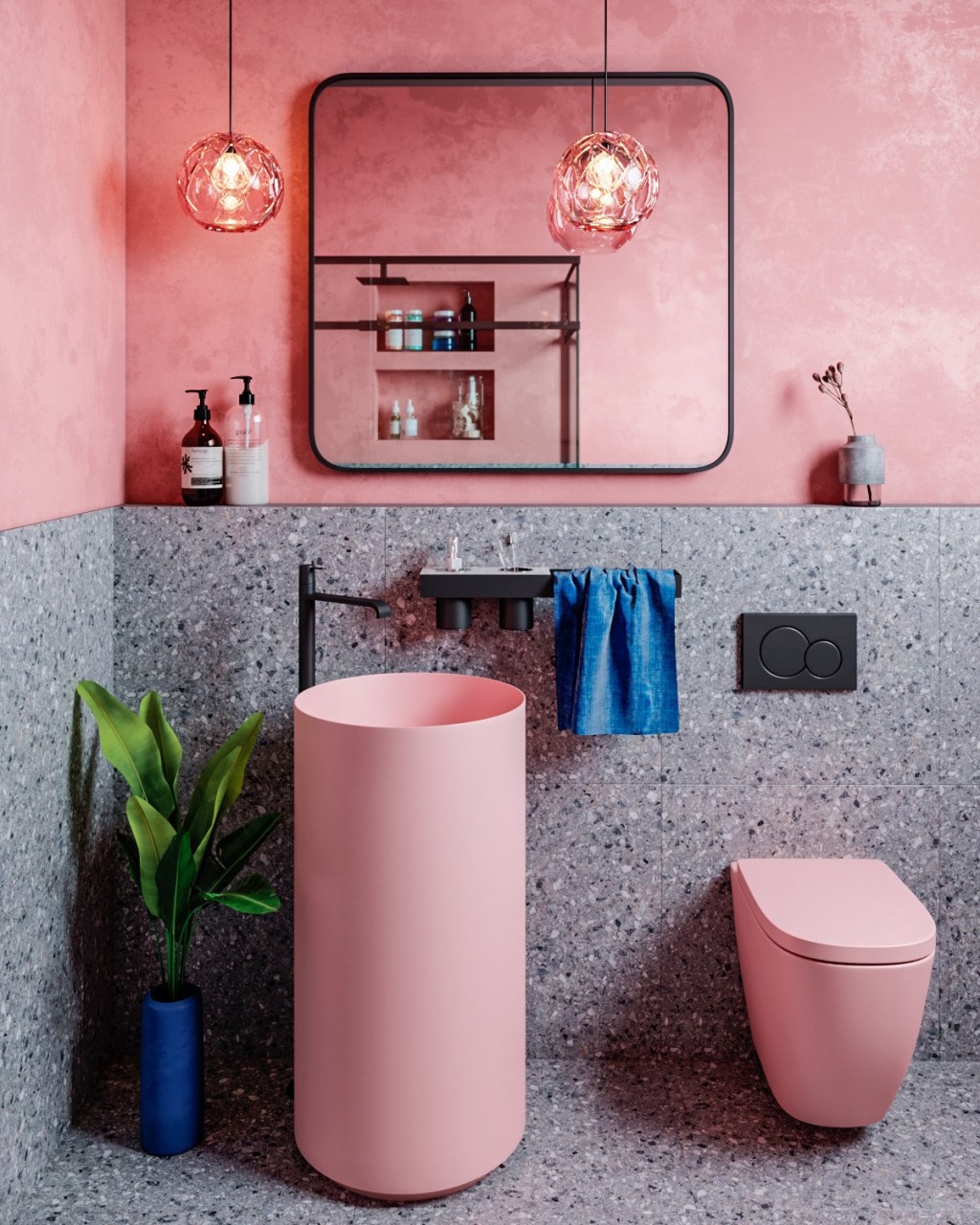 Banheiro com meia parede rosa; cuba rosa; sanitário rosa
