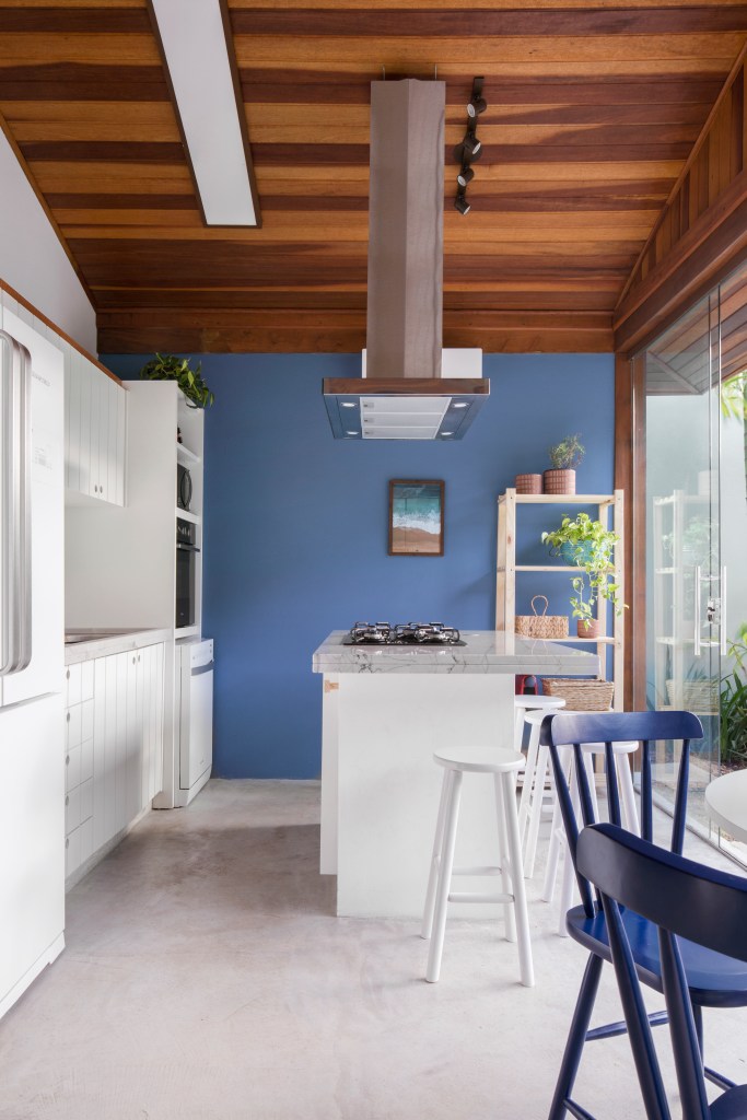 Casa-na-praia-de-140-m2-se-torna-mais-ampla-com-paredes-de-vidro-projeto-anga-arquitetura-foto-Carolina-Lacaz-cozinha-azul-parede-vidro Cozinha com detalhes em branco e azul
