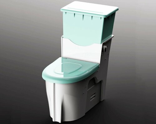 Este banheiro usa areia ao invés de água Designboom (1) Vaso sanitário com tampa e caixa em azul turquesa claro, o restante branco.