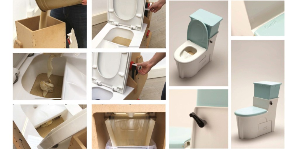 Este banheiro usa areia ao invés de água Designboom (2) Montagem com sequência de imagens de como funciona o vasos sanitário que utiliza areia em vez de água.